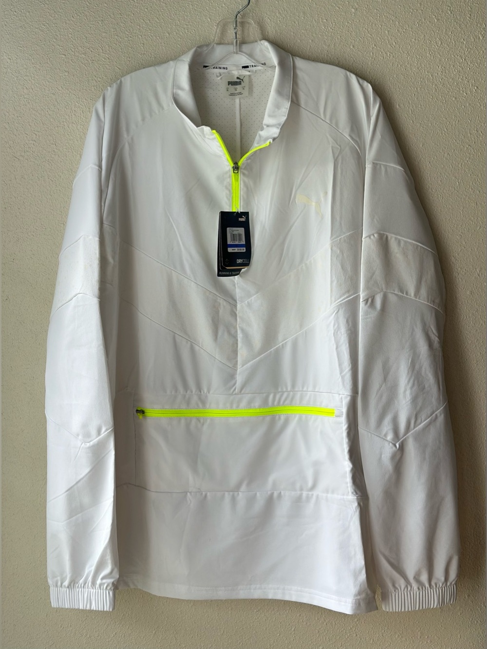 NWT Puma Men's Packable Woven Jacket White Neon Yellow DryCell PullOver XL